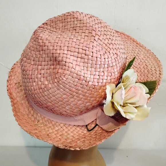 1970s Vintage Pink Straw Hat With Rose - Picture 4 of 6